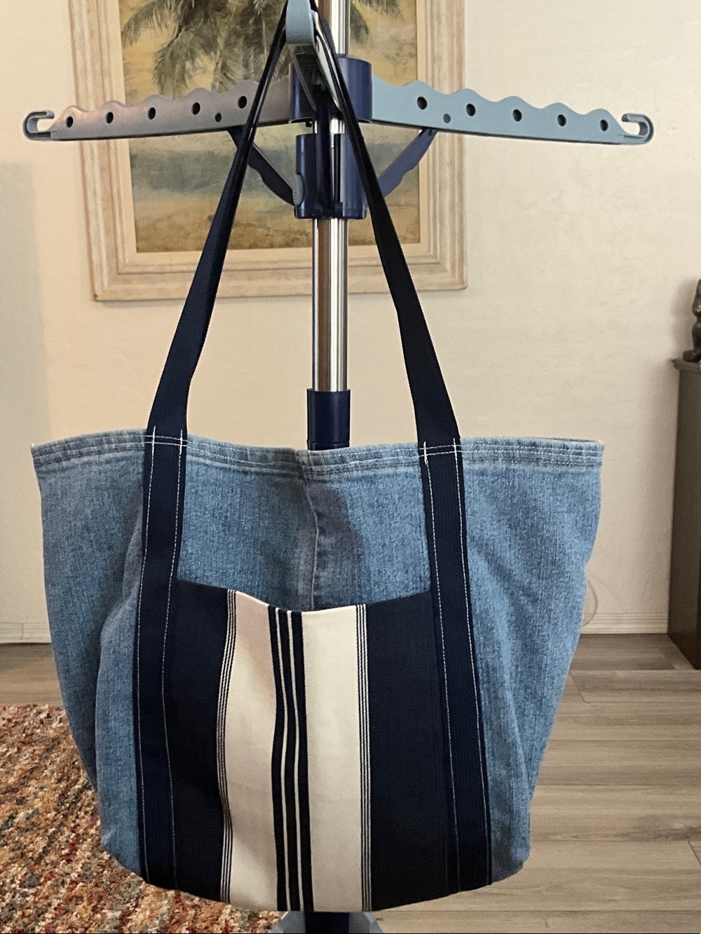 Denim Stripe Tote Bag in Navy and White
